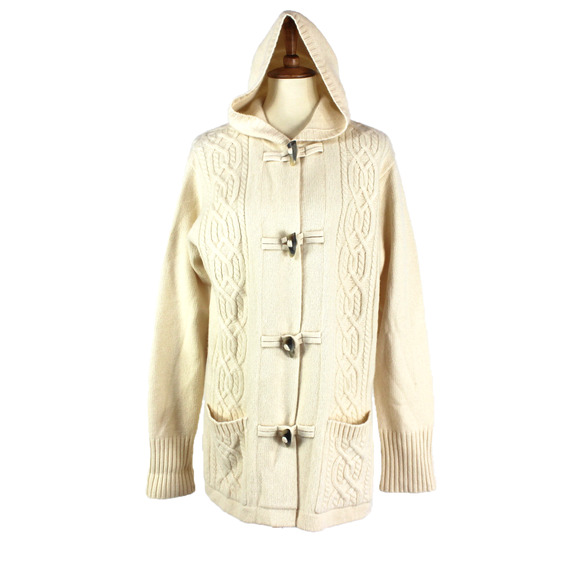 Lauren Ralph Lauren Hooded Coatigan Cardigan Ivory Wool Cashmere Cable Knit Sz L - Picture 1 of 7